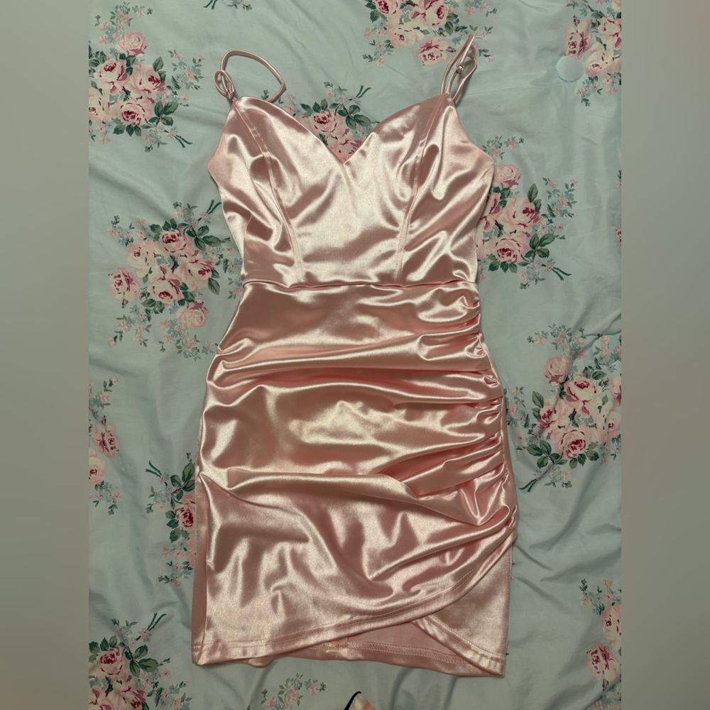 lucy in the sky baby pink satin homecoming dress